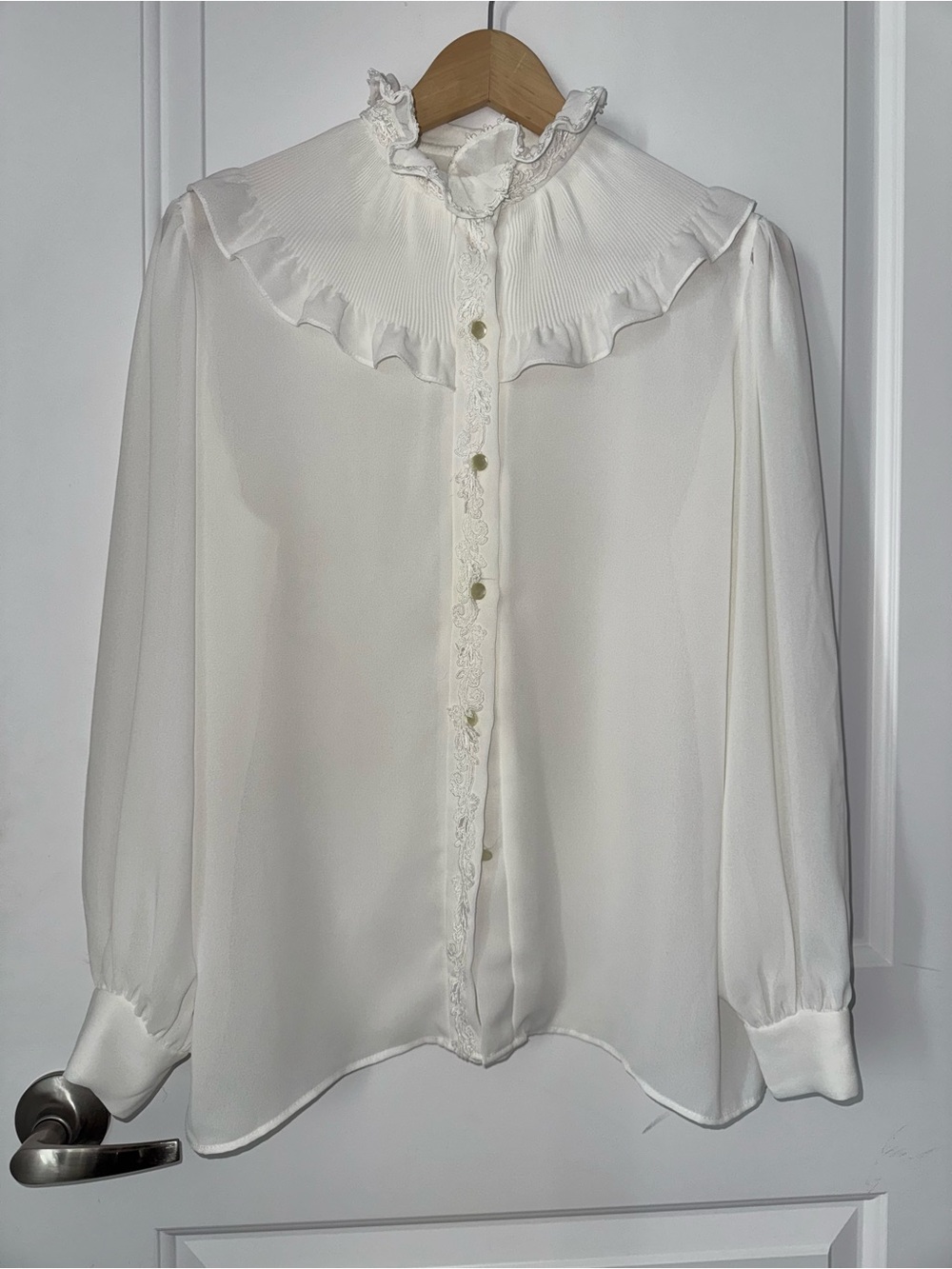 Vintage white semi sheer blouse with lace details and ruffle collar, fits medium
